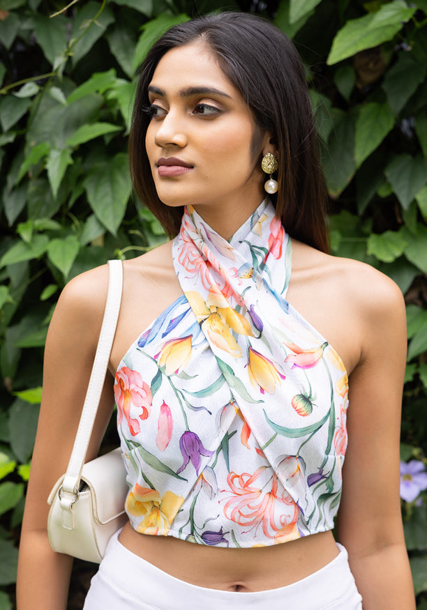 GABRIELLE HALTER NECK CROP BLOUSE