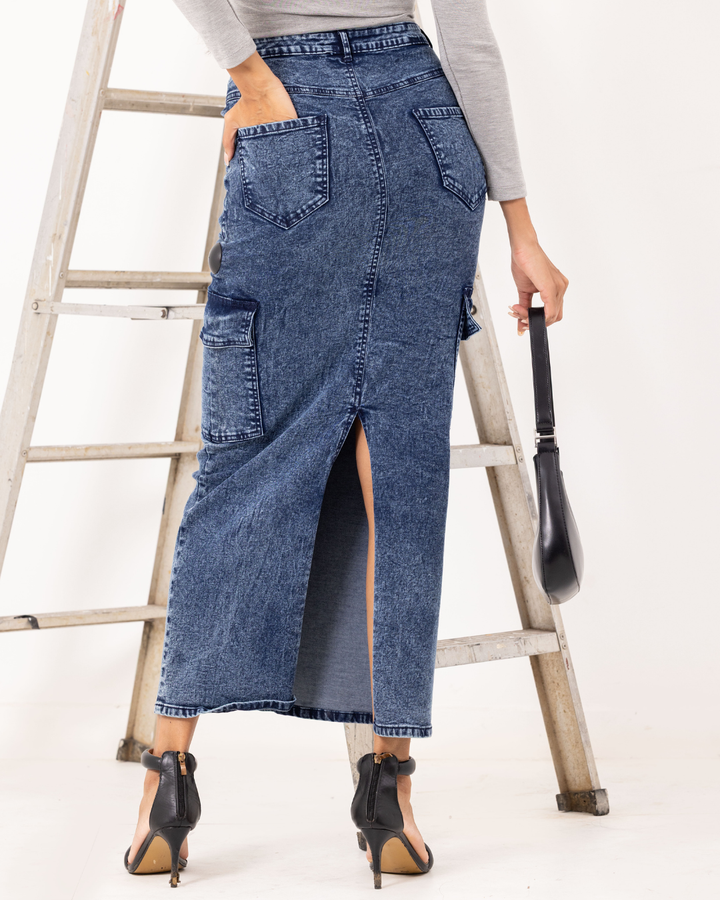 MID BLUE CARGO POCKET MAXI SKIRT