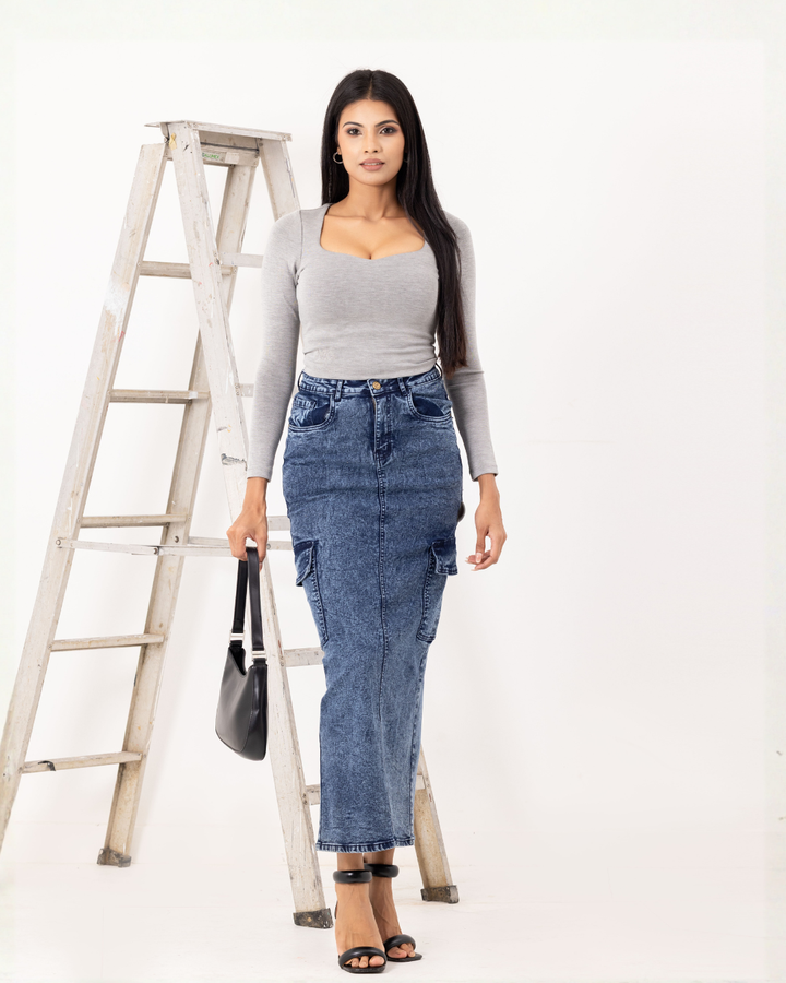 MID BLUE CARGO POCKET MAXI SKIRT