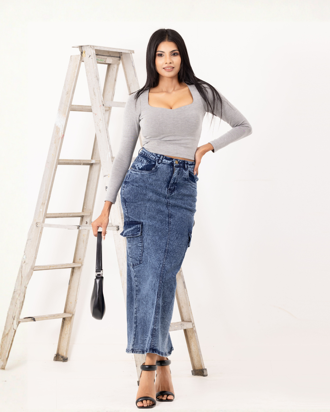 MID BLUE CARGO POCKET MAXI SKIRT