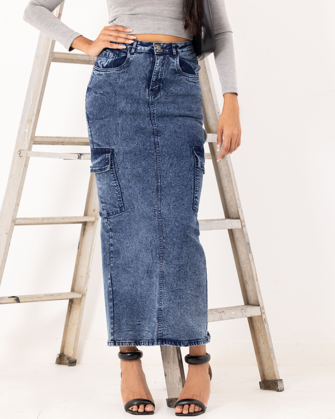 MID BLUE CARGO POCKET MAXI SKIRT