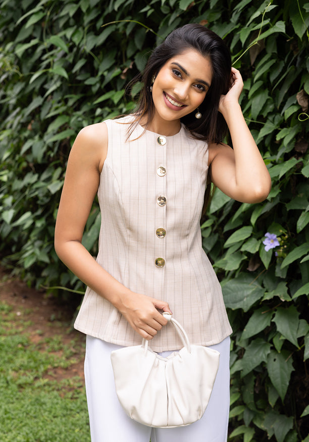 JANET SLEEVELESS BEIGE BLOUSE