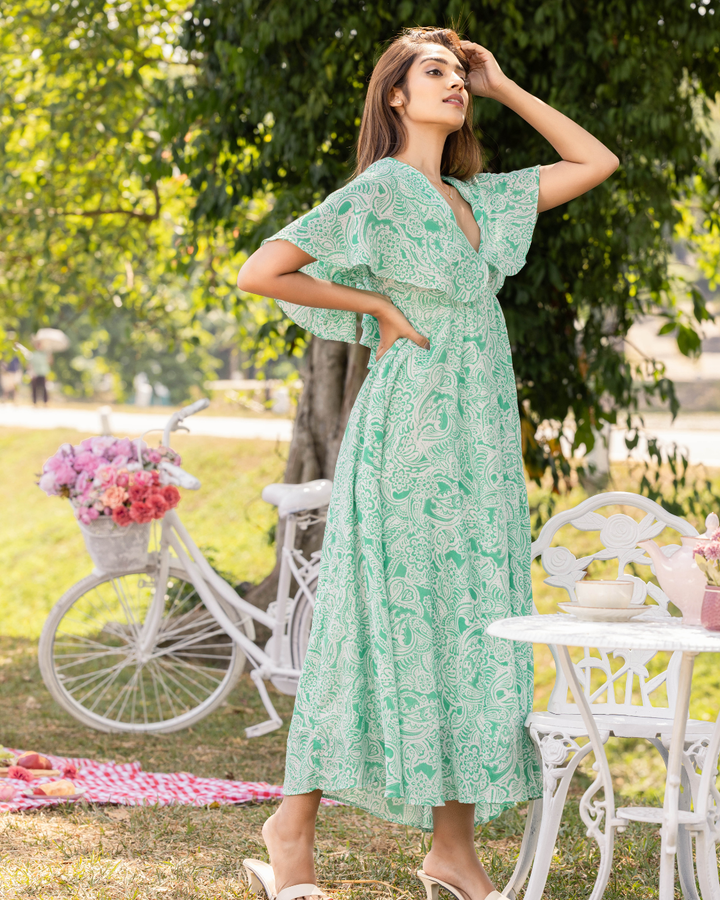BORA GREEN PRINTED MAXI DRESS