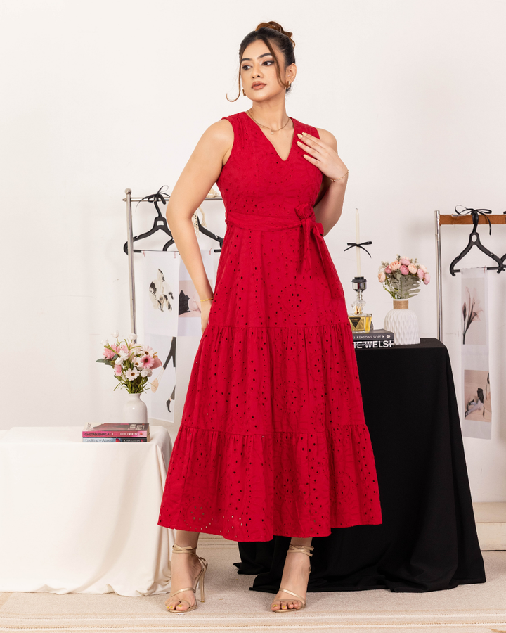 MAIELLA RED V NECK MAXI DRESS