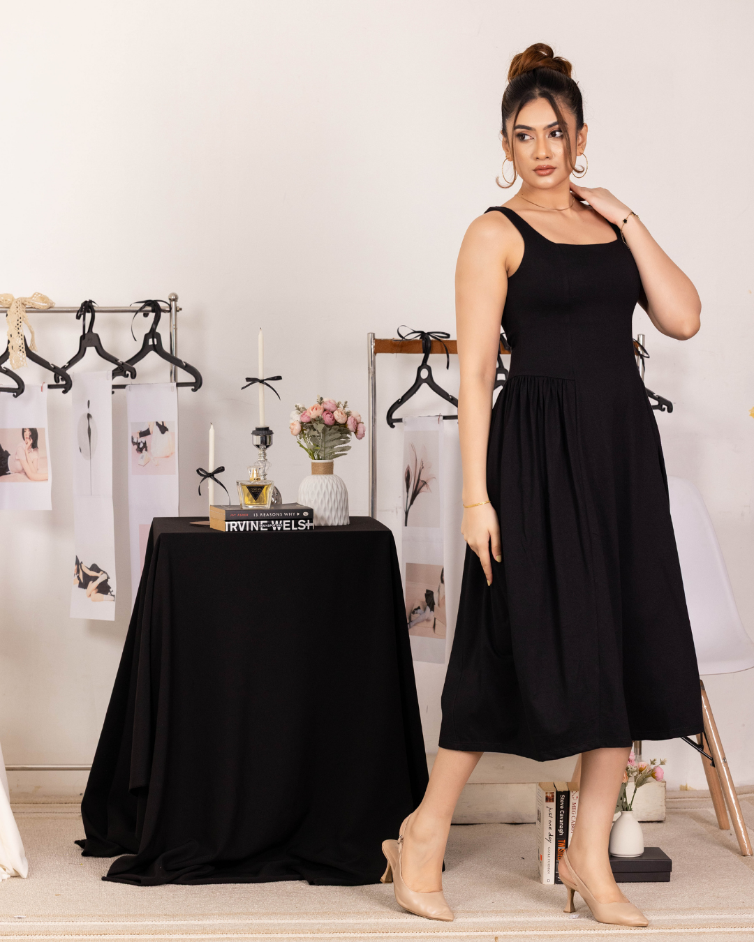 BELLA BLACK SQUARE NECK MIDI DRESS