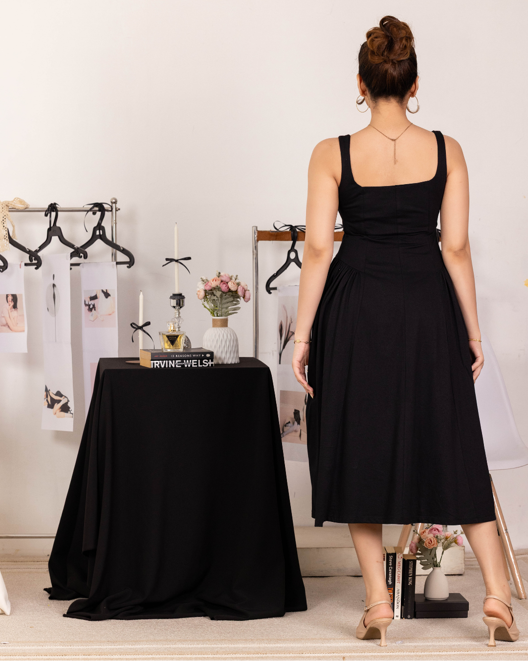 BELLA BLACK SQUARE NECK MIDI DRESS