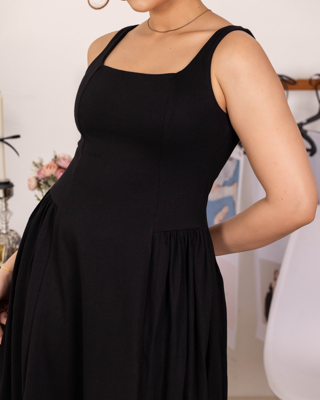 BELLA BLACK SQUARE NECK MIDI DRESS