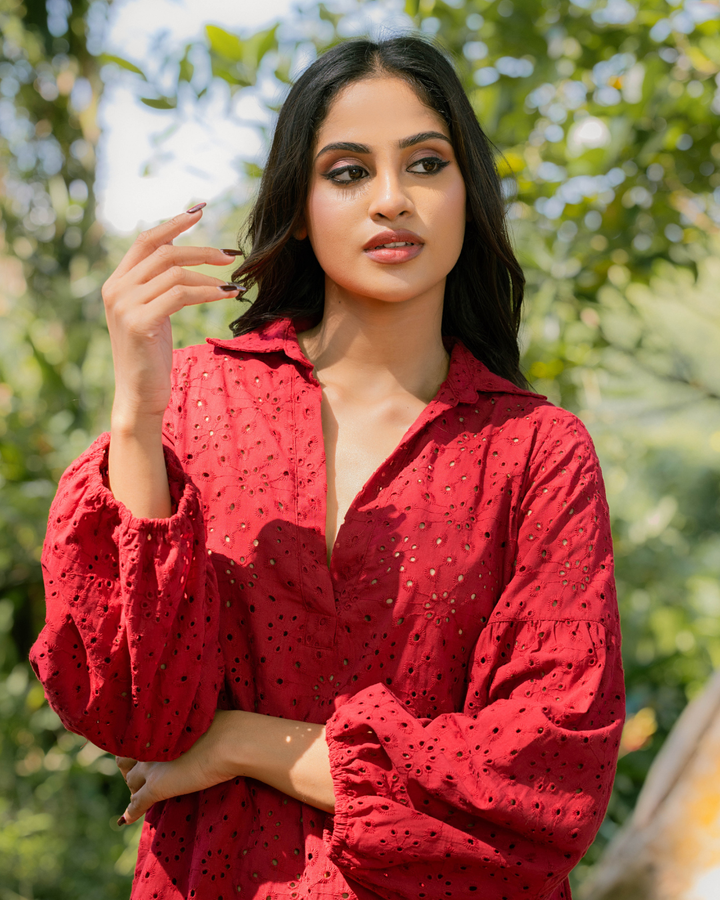 VEIDA LONG SLEEVE RED SHORT DRESS