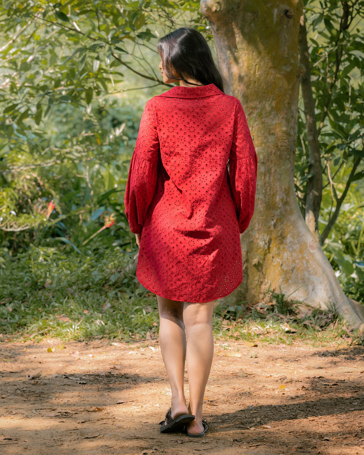 VEIDA LONG SLEEVE RED SHORT DRESS
