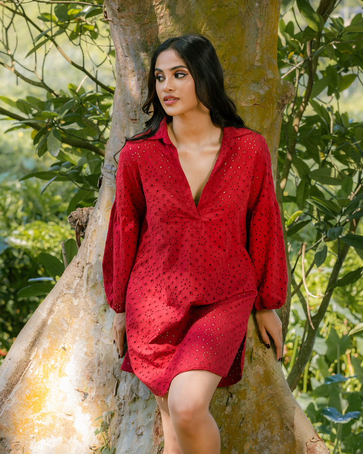 VEIDA LONG SLEEVE RED SHORT DRESS