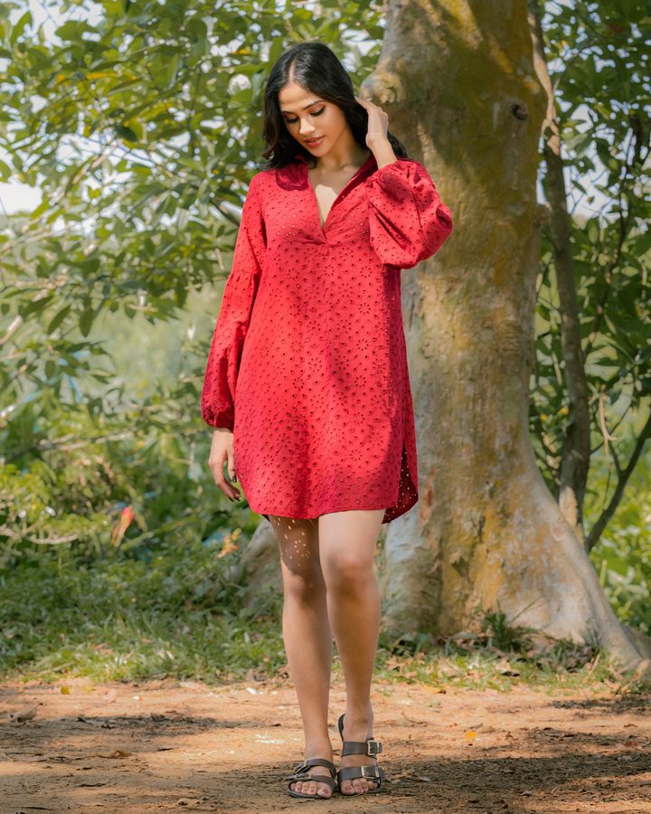 VEIDA LONG SLEEVE RED SHORT DRESS