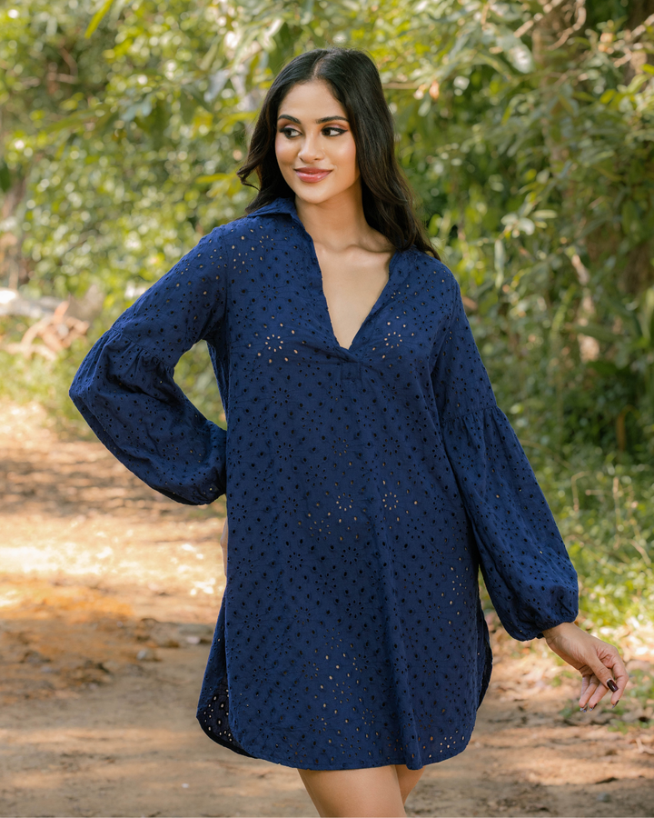 VEIDA LONG SLEEVE BLUE SHORT DRESS