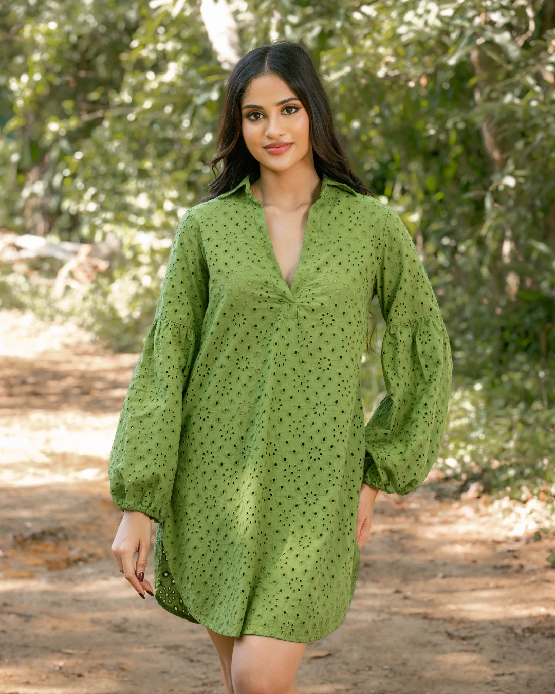 VEIDA LONG SLEEVE GREEN SHORT DRESS