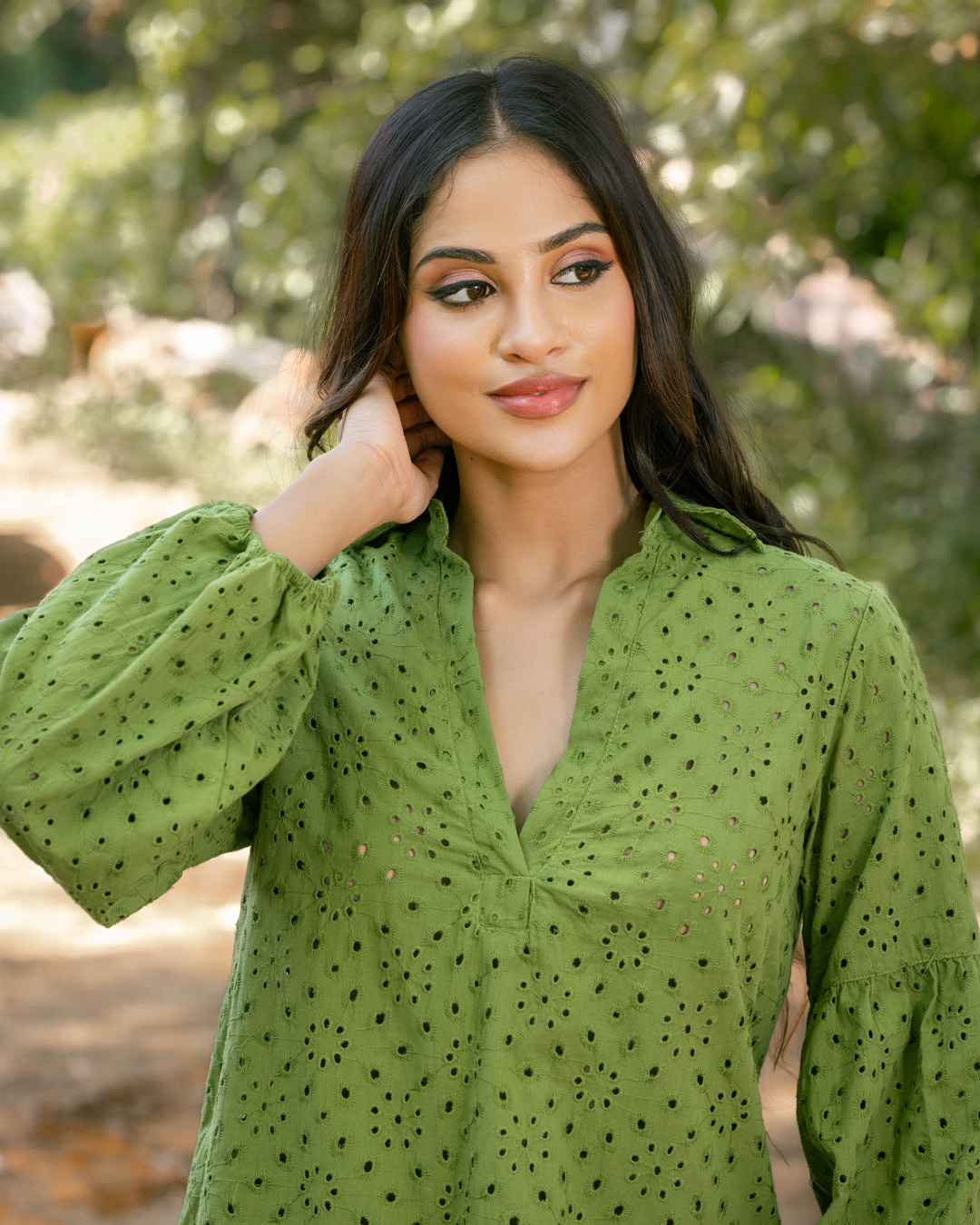 VEIDA LONG SLEEVE GREEN SHORT DRESS