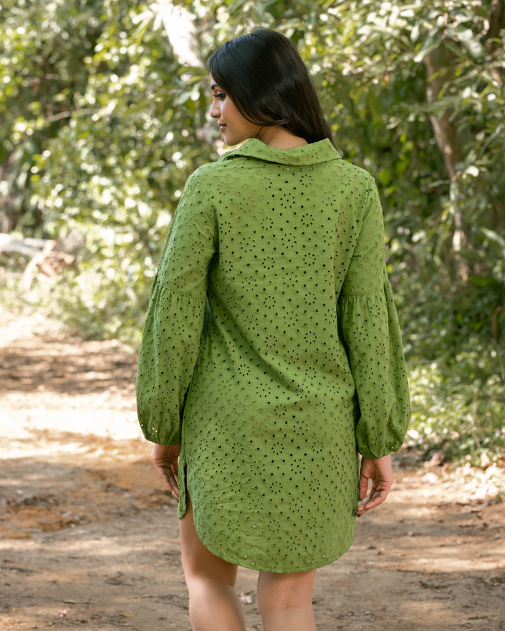 VEIDA LONG SLEEVE GREEN SHORT DRESS