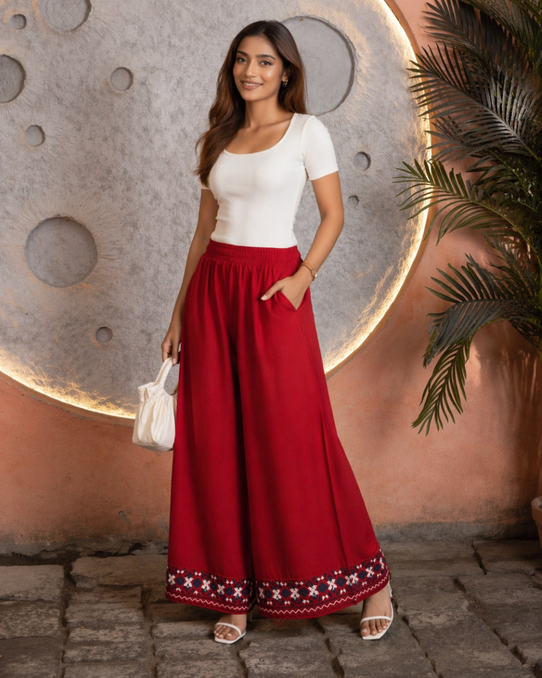 Red embroidered wide leg palazzo pants for women in Sri Lanka with elastic waist and ethnic hem detail