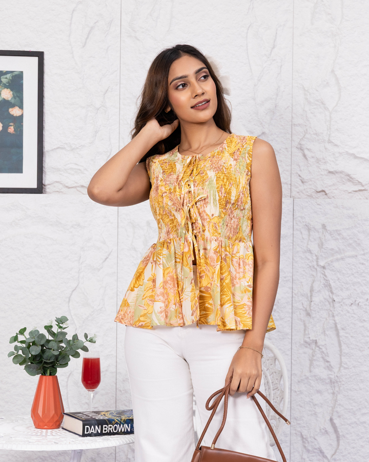 LIVIA TIED FRONT SMOCKED TOP