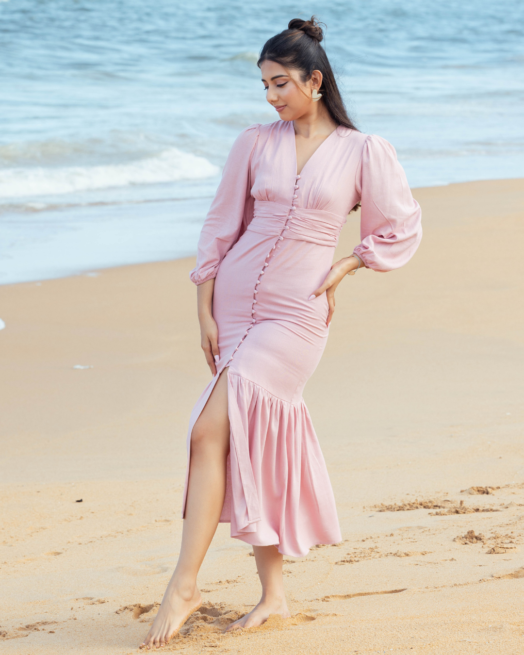 BELVA BUTTON FRONT PINK MAXI DRESS