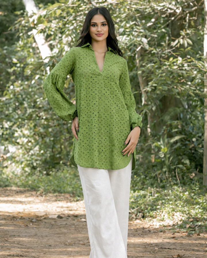 VEIDA LONG SLEEVE GREEN SHORT DRESS