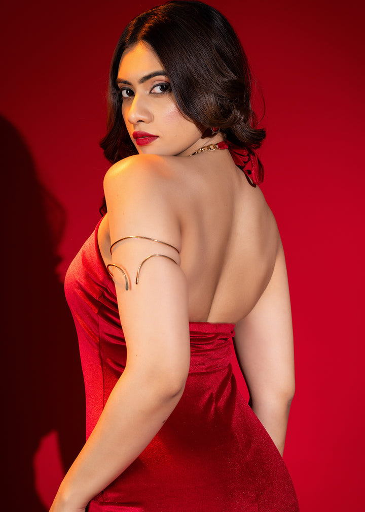 ALIZA HALTER NECK LONG RED DRESS