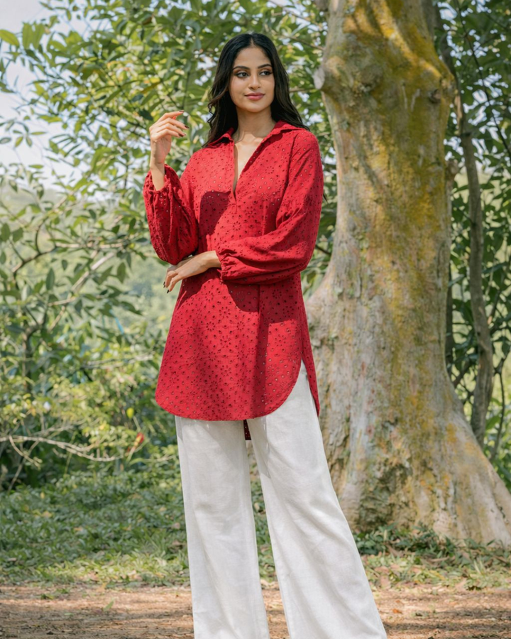 VEIDA LONG SLEEVE RED SHORT DRESS / KURTHA