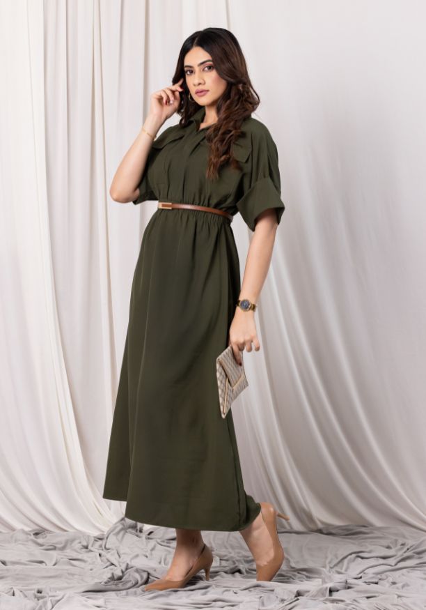 EVELYN UTILITY KAKI GREEN MAXI DRESS