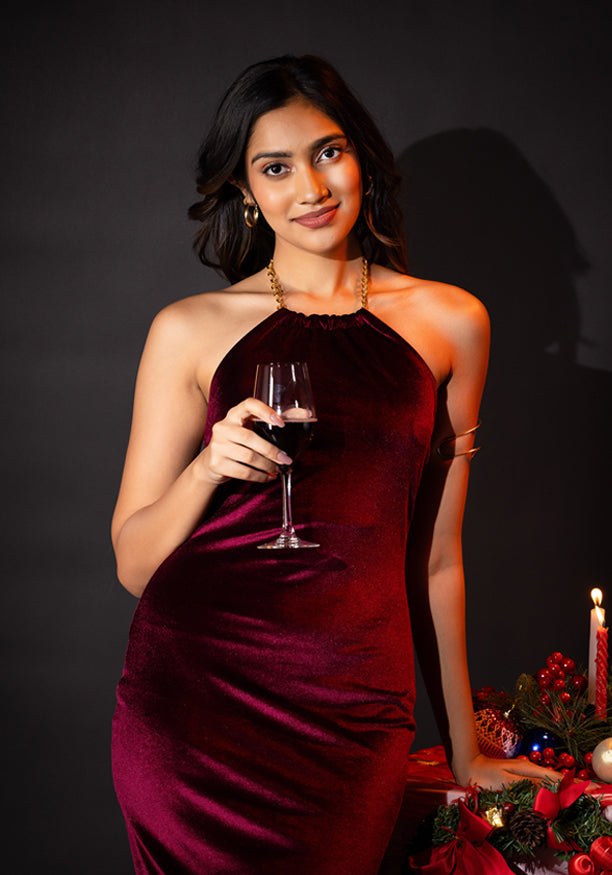 ALIZA HALTER NECK MAROON LONG DRESS