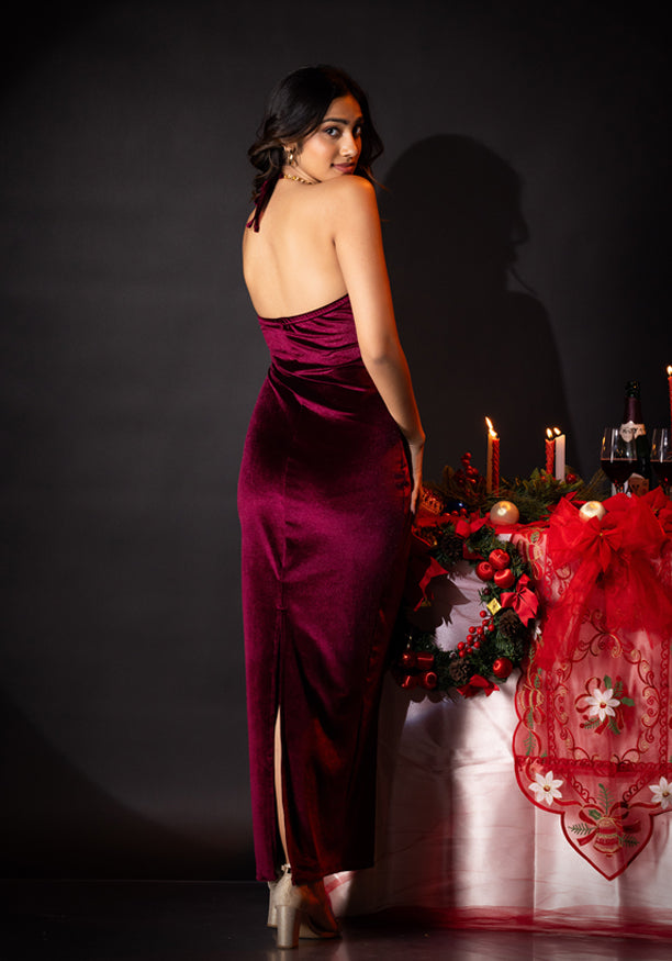 ALIZA HALTER NECK MAROON LONG DRESS