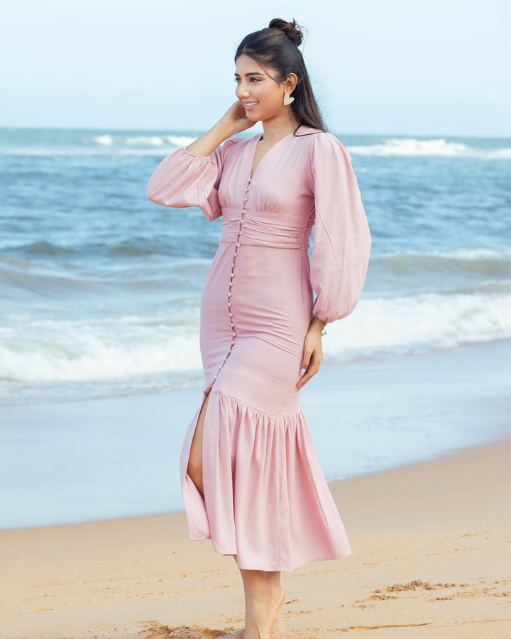 BELVA BUTTON FRONT PINK MAXI DRESS