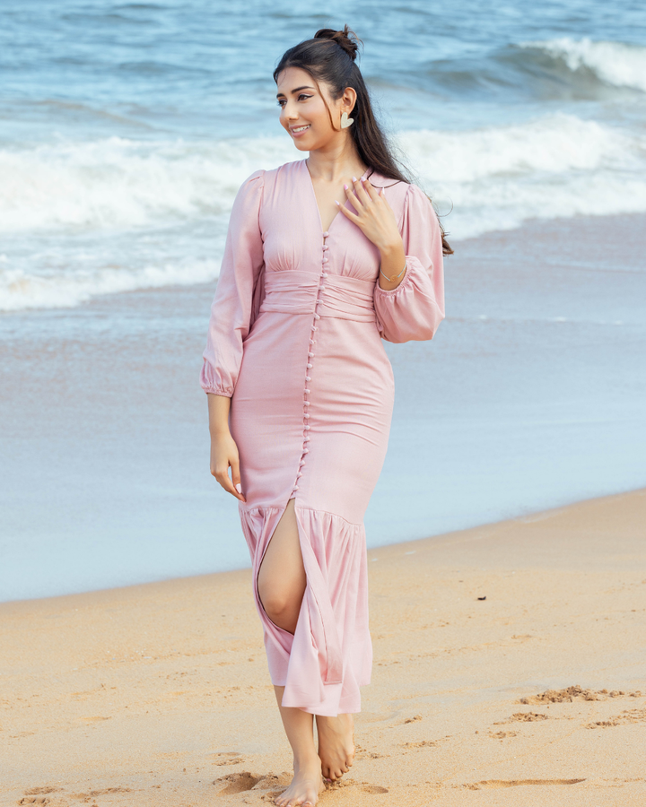 BELVA BUTTON FRONT PINK MAXI DRESS