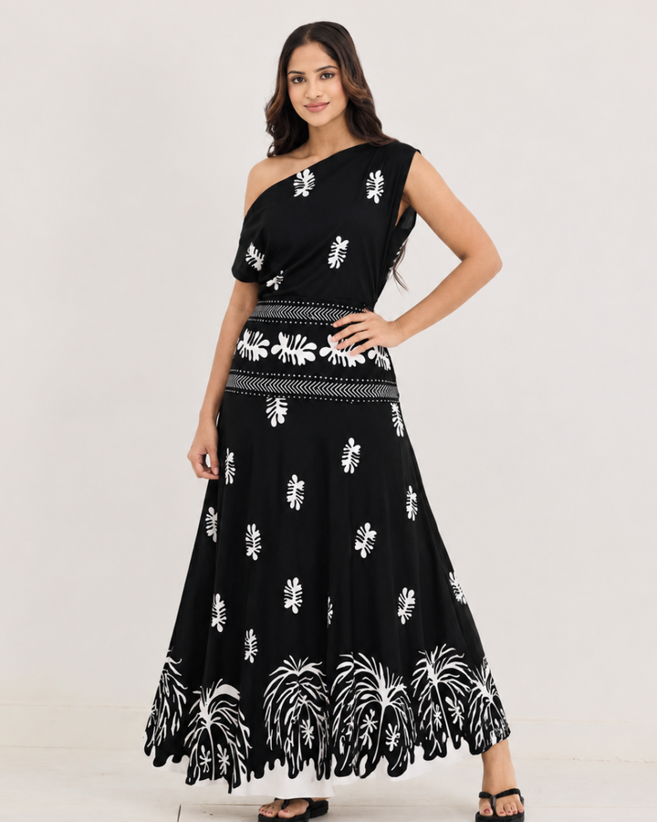 CELINE SHOULDER RUCHED MAXI DRESS