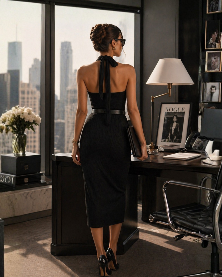 ELAINE HALTER NECK RIB DRESS