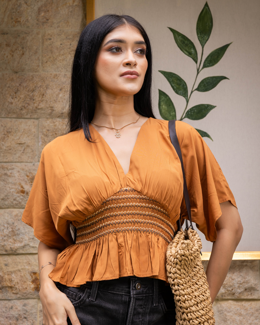 LAVONA BROWN SMOCKED BLOUSE