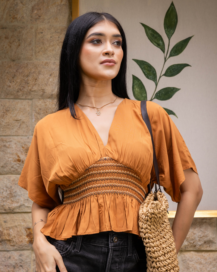 LAVONA BROWN SMOCKED BLOUSE