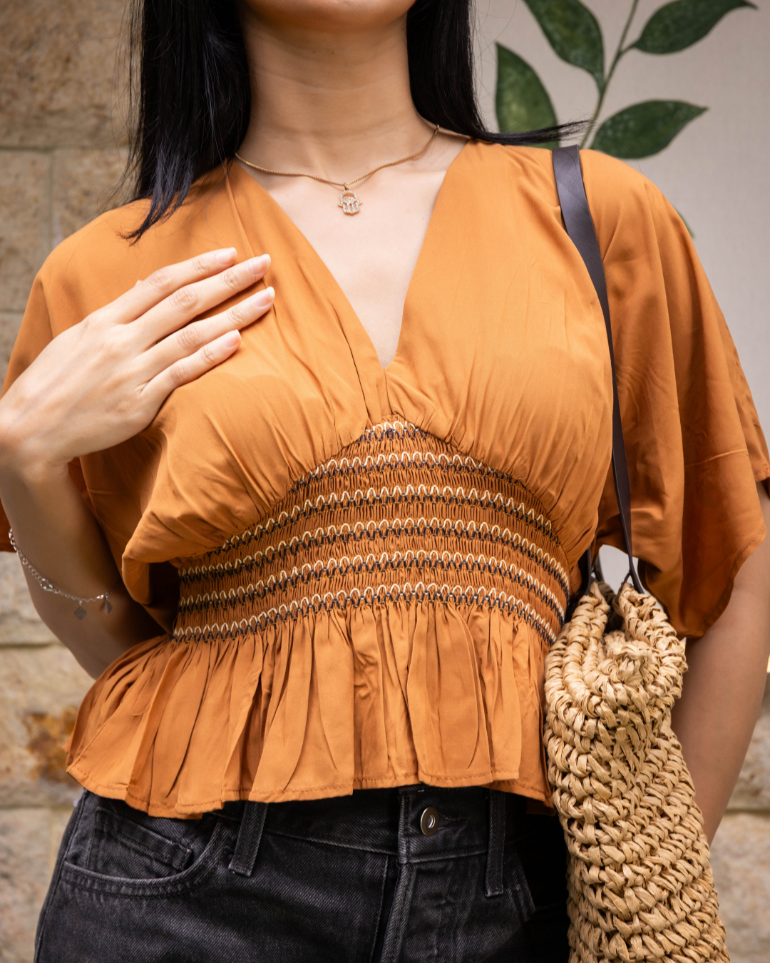LAVONA BROWN SMOCKED BLOUSE