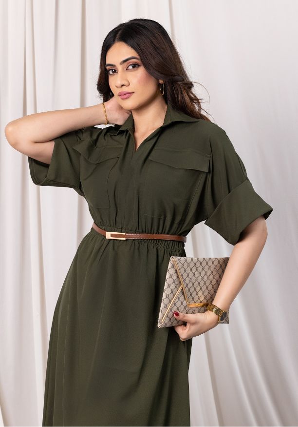 EVELYN UTILITY KAKI GREEN MAXI DRESS