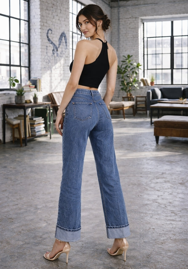 MID BLUE LOLA WIDE FOLD PANT