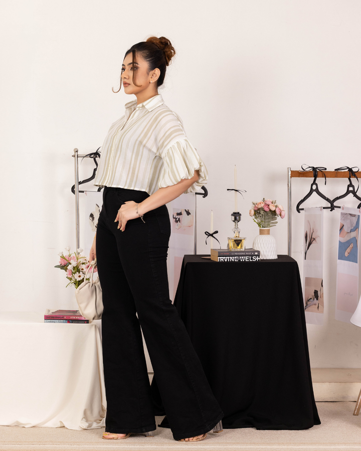 MORGAN LIGHT GREEN BALOON SLEEVE CROP SHIRT