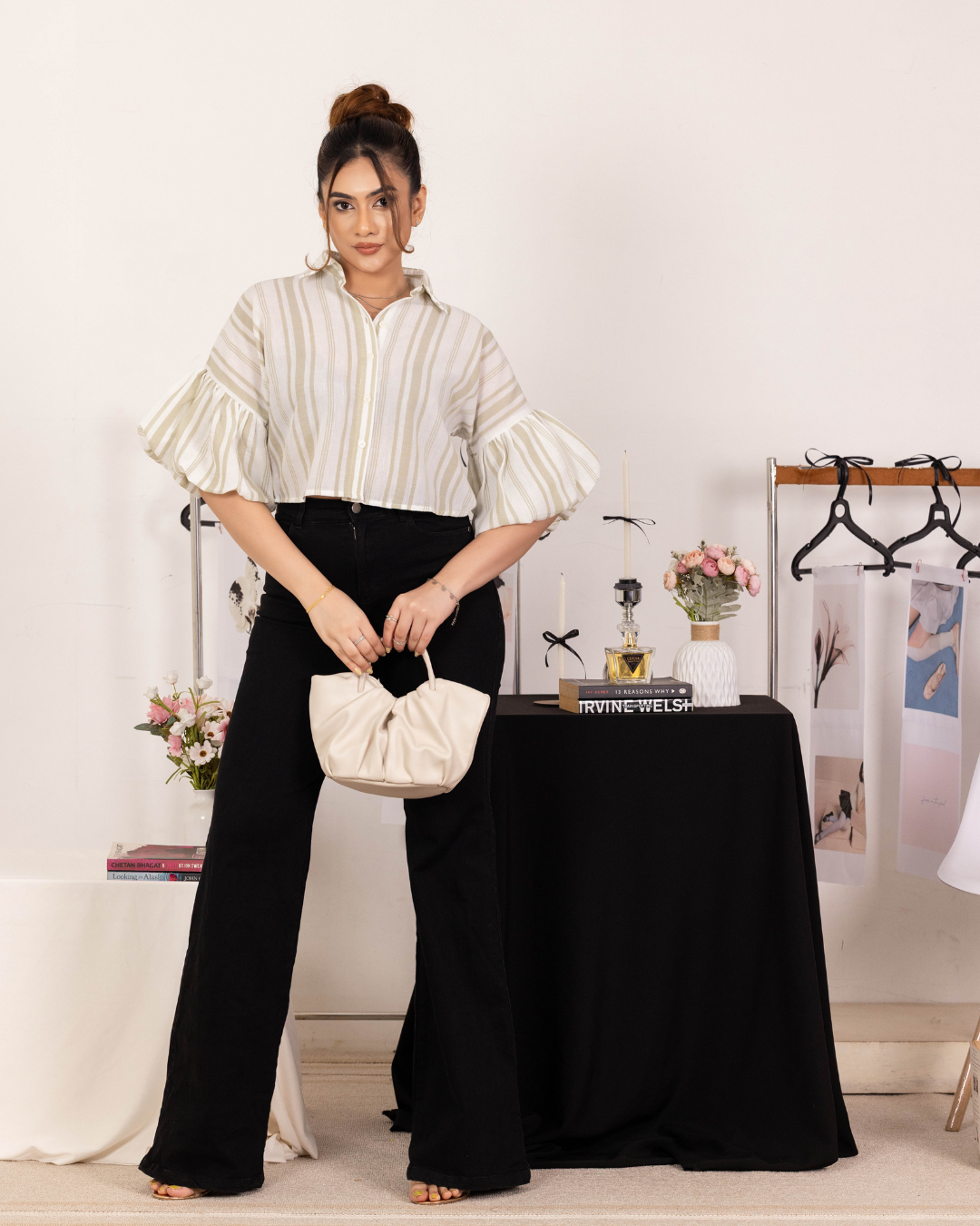 MORGAN LIGHT GREEN BALOON SLEEVE CROP SHIRT