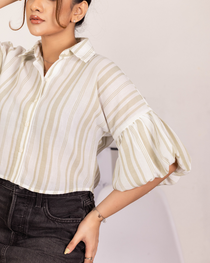 MORGAN LIGHT GREEN BALOON SLEEVE CROP SHIRT