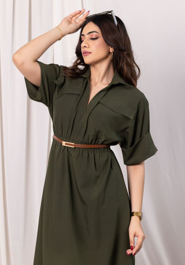 EVELYN UTILITY KAKI GREEN MAXI DRESS