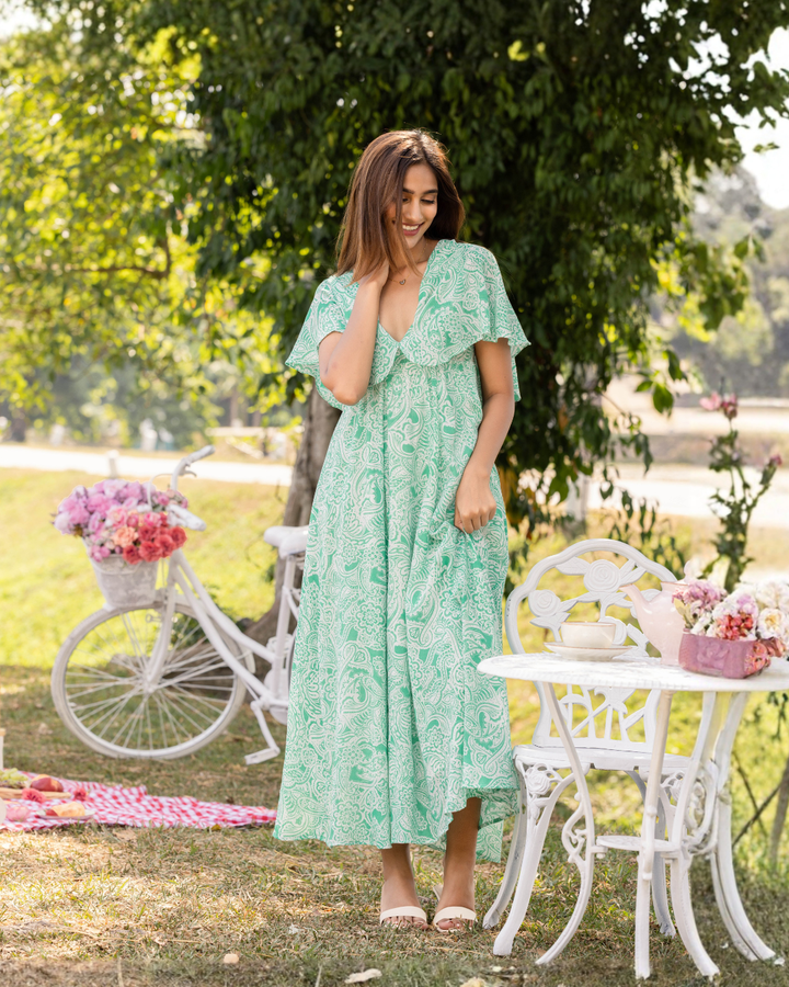BORA GREEN PRINTED MAXI DRESS