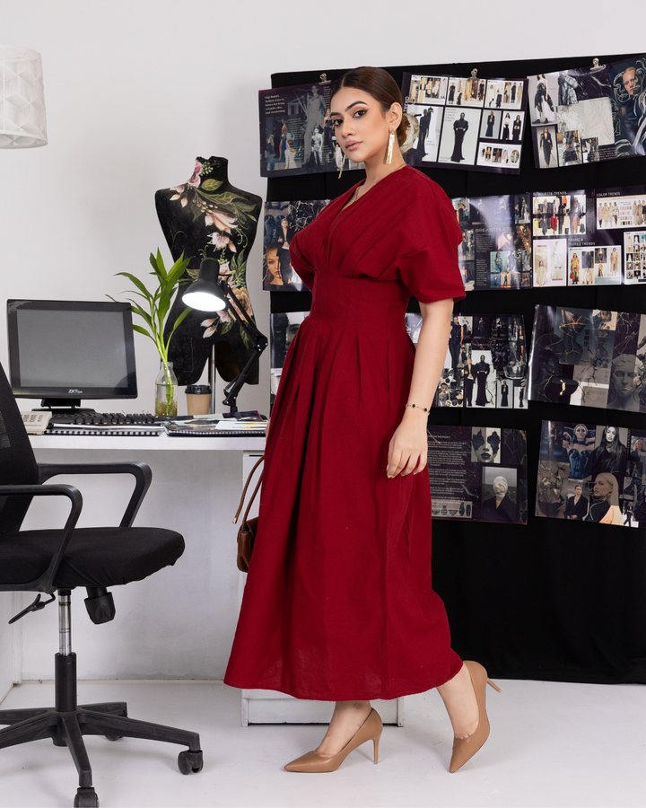 ANDRA PLEATED MAROON MAXI DRESS