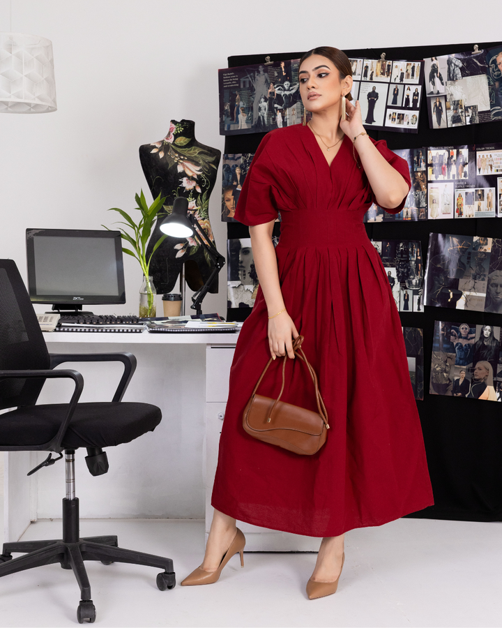 ANDRA PLEATED MAROON MAXI DRESS