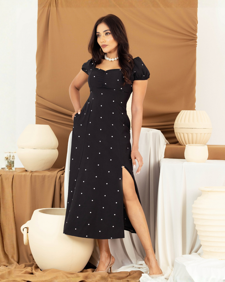 ELORA BLACK SWEETHEART SLIT DRESS