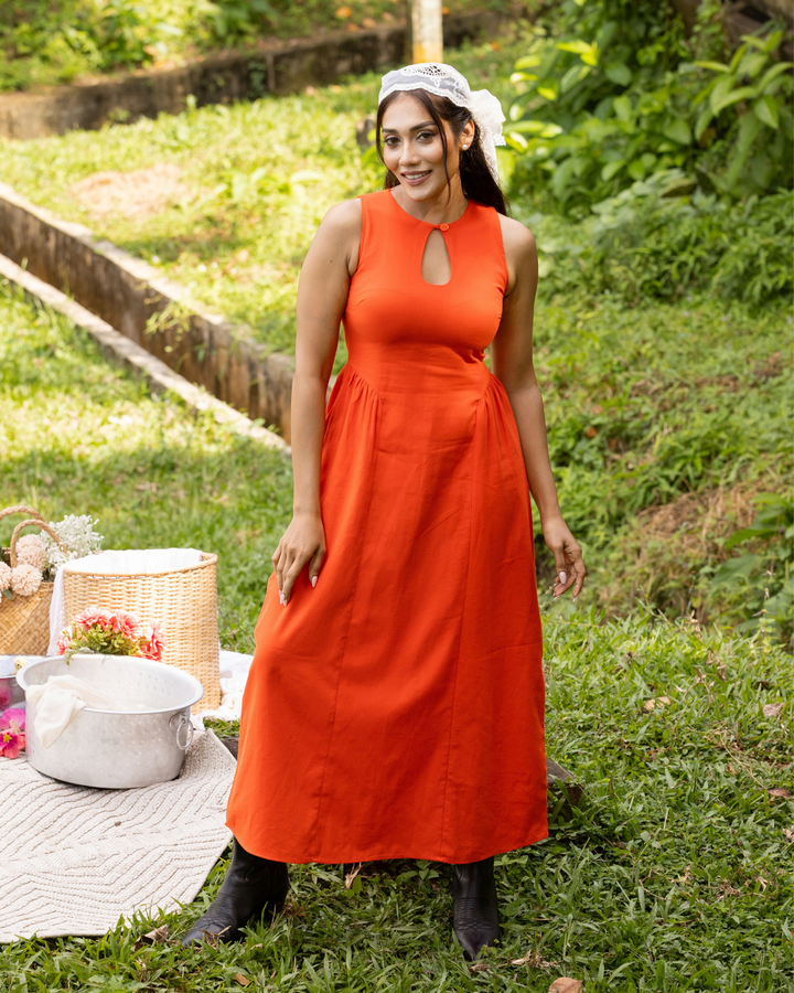 NIA ORANGE SLEEVELESS LONG DRESS