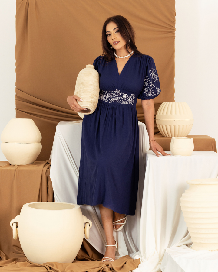 GLAMORY NAVY BLUE EMBROIDARY DRESS