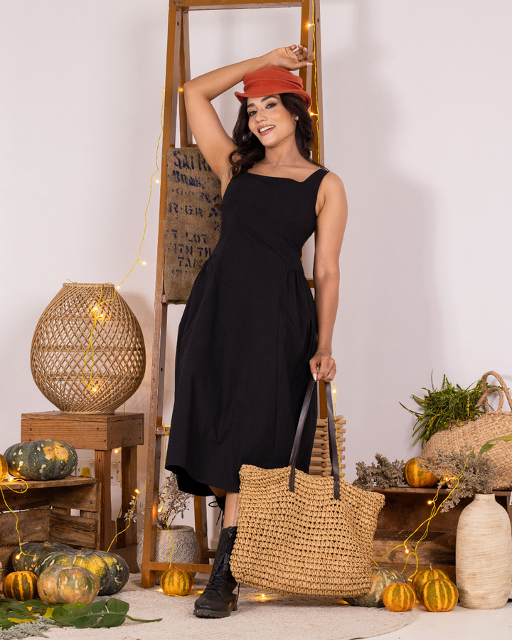BELLA BLACK SQUARE NECK MIDI DRESS