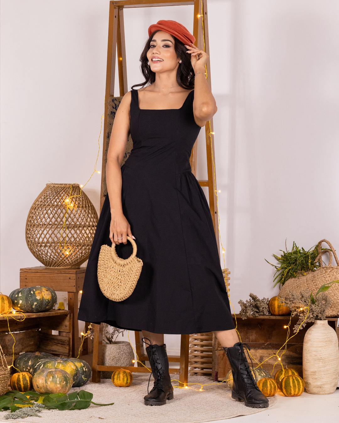 BELLA BLACK SQUARE NECK MIDI DRESS