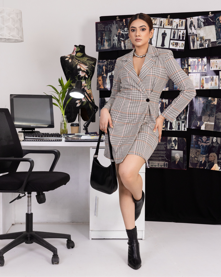 MINDY BROWN CHECK BLAZER DRESS